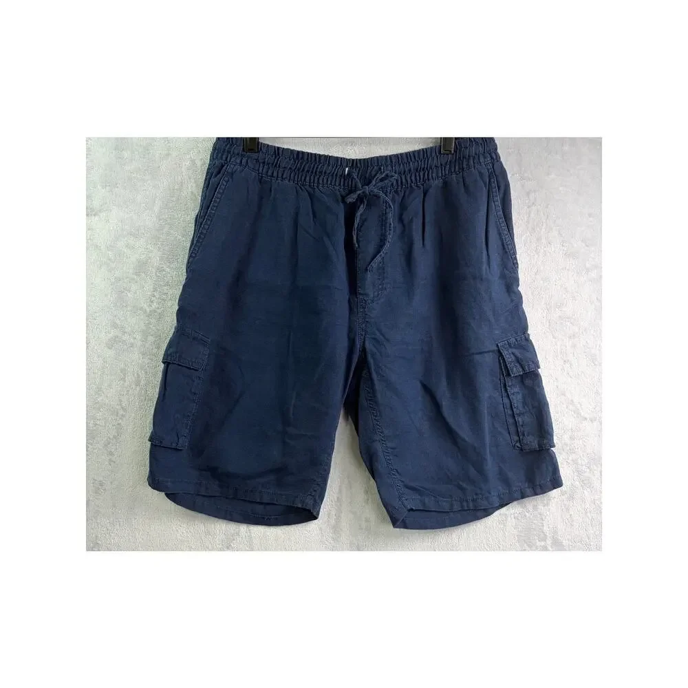 Onia Air Men's Linen Deep Navy Pull-On Drawstring Cargo Shorts  - Size L